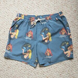 Lost Board Shorts Swim Mens L/M*Gray Skull Naked Snake Women Surf Goth